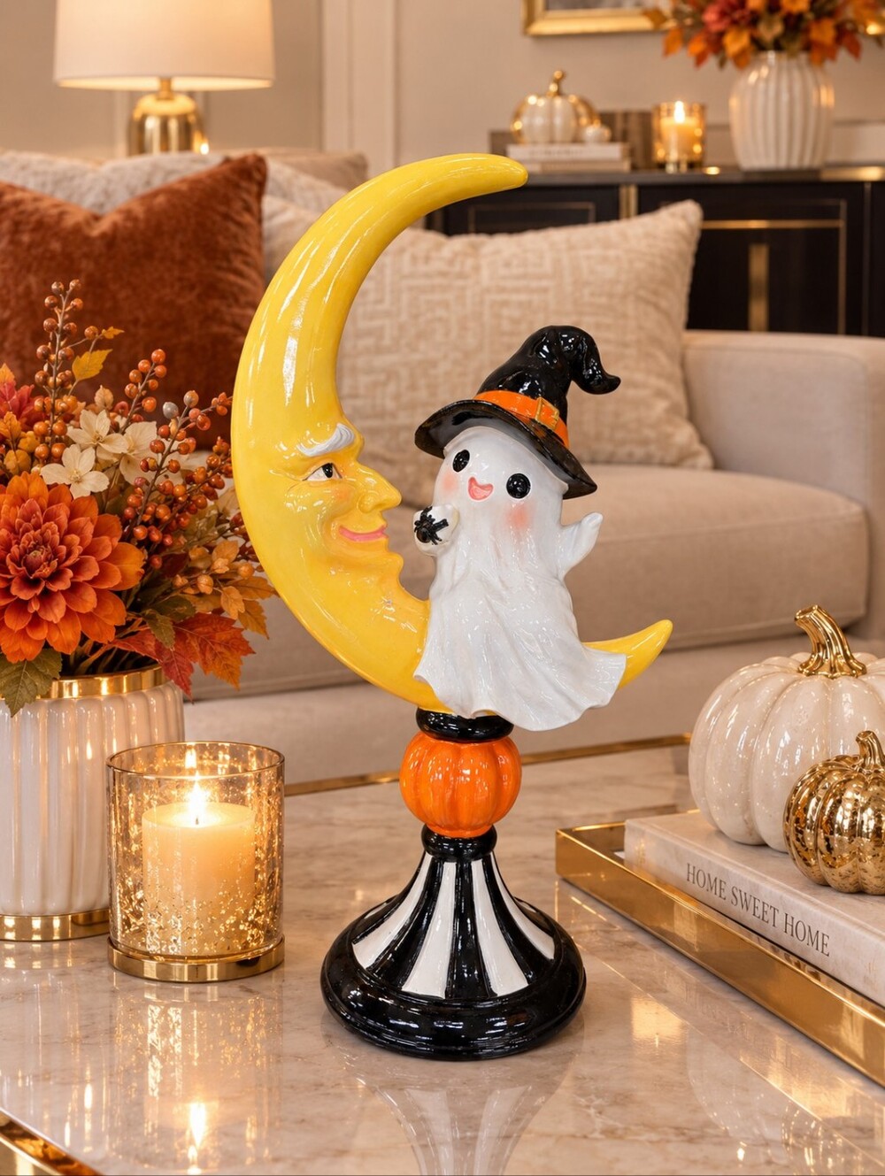 Halloween Crescent Moon Ghost Figurine - Yellow, Orange, Black, White